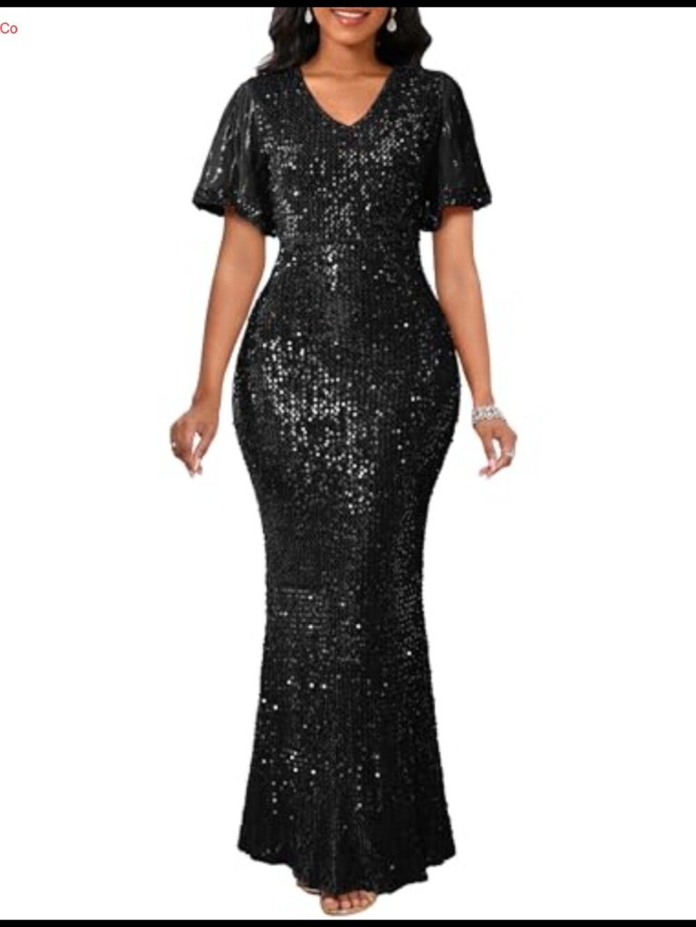 Sparkly Mesh Sleeve Sequin Mermaid Maxi Formal Evening Dress